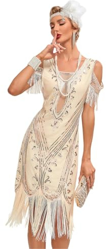 VILOREE Elegant paljettklänning för kvinnor, axellös dansklänning, bodycon balsal, klänningar, klubbkläder med tofsar fransklänning, Beige, S