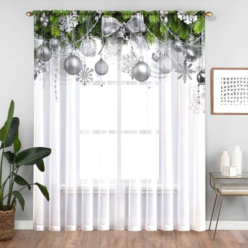 Lukery 2 Pezzi Tende per Interni Natale Tenda Bianca Leggera Moderne Trasparenti Tende Soggiorno Moderne per Soggiorno Cucina Camera da Letto Finestra Portafinestra (Argento,100x130cm)