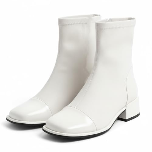 BEDGMDEG Women'S Square-Toe Chunky Heel Ankle Boots With Zipper Stylish Suede Patchwork Heel Non-Slip Formal Short Boots For Parties, Evenings, Dates. (white,9)