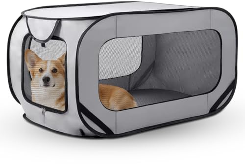 Caja de transporte plegable para perros y gatos hasta 29,5 kg (94 x 53 x 53 cm), robusta caja de transporte para perros plegable con puertas dobles y cinturón de seguridad, refugio portátil para