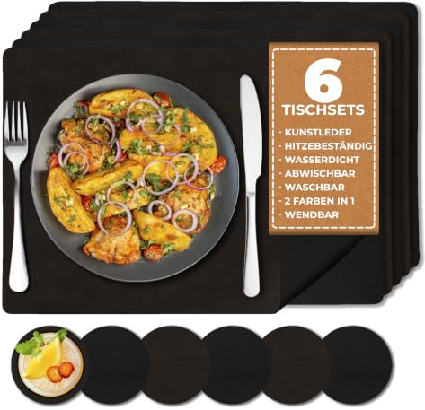 Manteles Individuales Doble Cara y Posavasos Set 6 | Salvamanteles Individuales | Mantel Individual para Mesa | Cuero Sintético Lavable Antimanchas (Negro/Marrón)