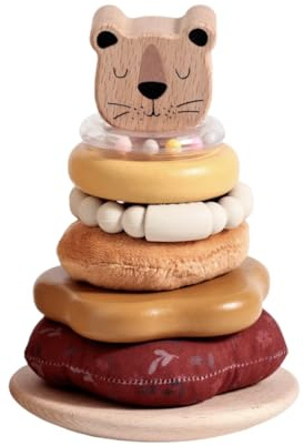 PLAYERGY Wooden Baby Stacking Rings Toy – Montessori Stacking Tower with 8 Lion Rings, Plush Stacker, Silicone Teether Bracelet & Rattle – Baby Stacking Toy for 6-18 Month Babies