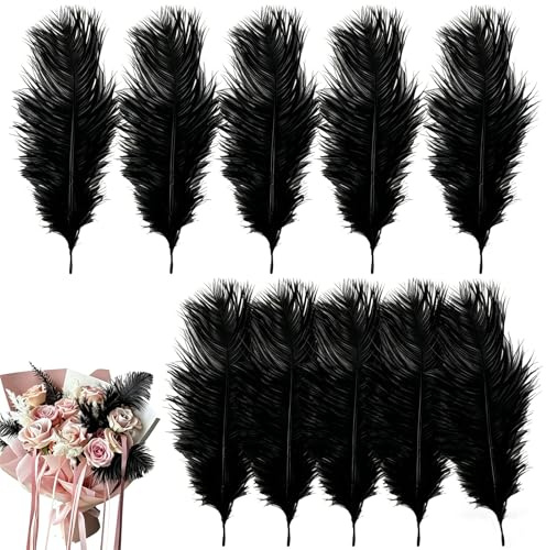 10 Pcs Ostrich Feathers, 20-25cm Large Fluffy Feather, Natural Feathers for Crafting, Christmas Tree Feather Decorations, for Wedding Office Bedroom Living Room (Black)
