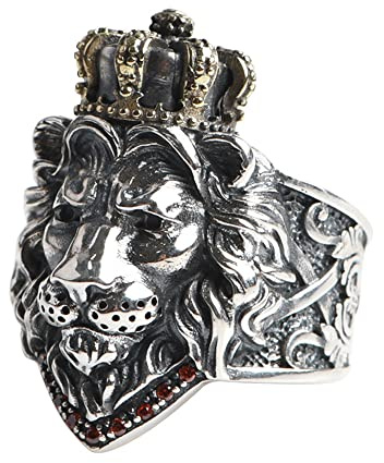 Tvåfärgad 925 sterling silver lejonhuvud med kronring för män öppen justerbar