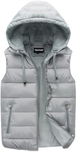 YOUTHUP Men's Outwear Gilets Winter Padded Gilet with Hood Thick Puffer Quilted Body Warmer Sleeveless Jacket Grey, M