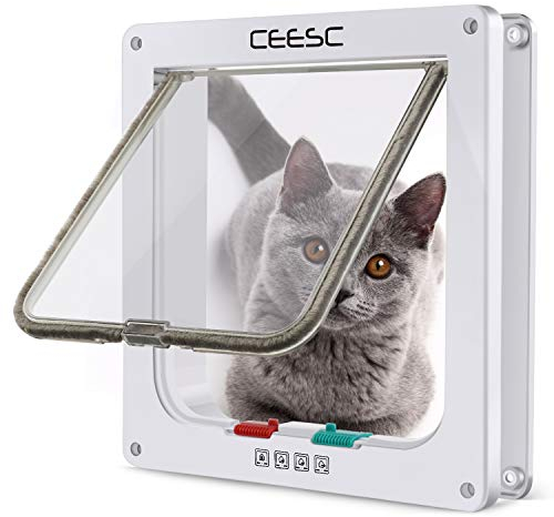CEESC Mittlere Katzenklappe (Außenmaße 19x20cm), Wetterfest, Weiß, ABS-Material, 4-Wege-Verriegelung für Katzen und Hunde mit einem Umfang < 40cm