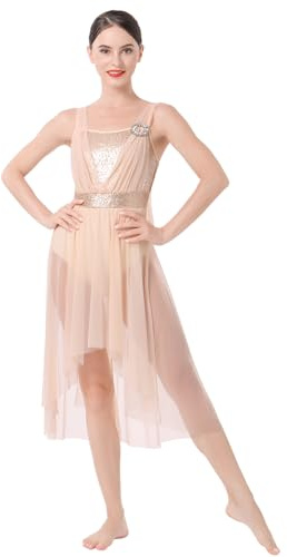 ODASDO Women Lyrical Dance Costumes Sequins Mesh High Low Dress Champagne S