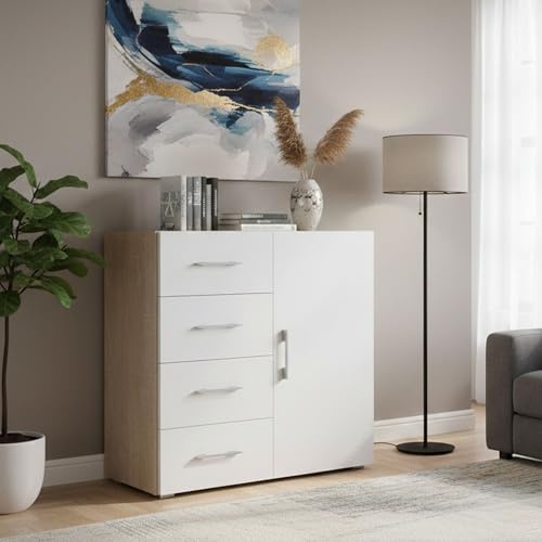 Dmora - Buffet Violetta, Buffet avec 1 porte et 4 tiroirs, Buffet de salon, Armoire polyvalente avec étagères, 100% Made in Italy, 90x41h87 cm, Blanc et Chêne