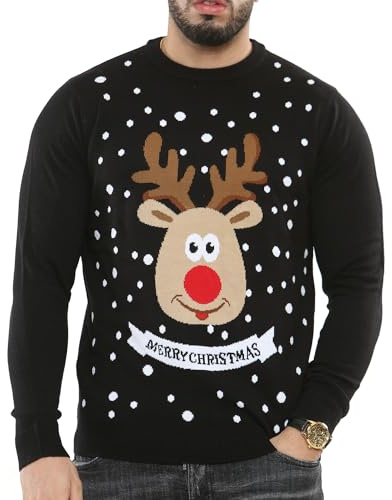 NOROZE Men's Christmas Jumper Reindeer Stag Nordic Polar Bear Festive Unisex Xmas Jumpers (XL, Merry Xmas Reindeer Black)