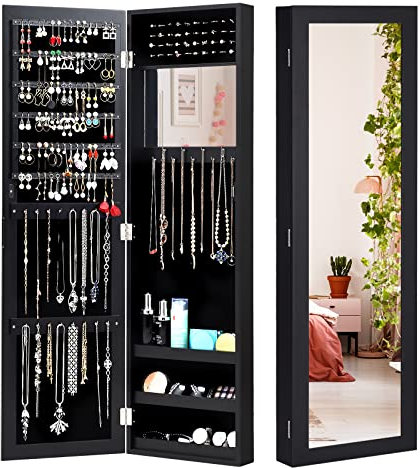 CASART 2-IN-1 Jewelry Cabinet, Wall & Door Mounted Jewelry Armoire with Full-Length Mirror & Built-In Small Mirror, Space-Saving Jewelry Organizer Hanging Storage Makeup Box (Black)