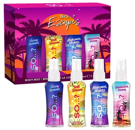 So…? Escapes Womens Gift Set, with Ibiza Dream, Bali Breeze, Mykonos Nights & Hawaiian Honey, Fragrance Spray Set (4 x 50ml)