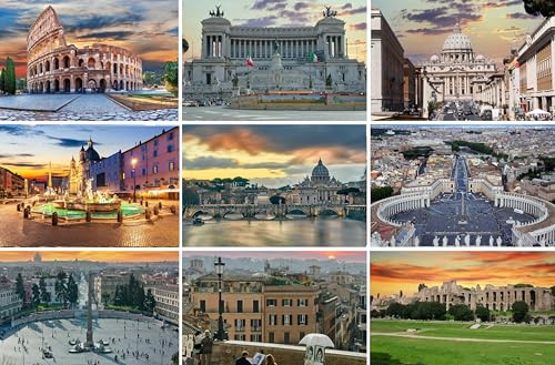 Set di 9 cartoline di Roma: 9 biglietti singoli (biglietti di auguri) – motivi fotografici tra gli altri Colosseo, Basilica di San Pietro, Piaza del Popolo, Memoriale Vittoria Emanuele, Piazza