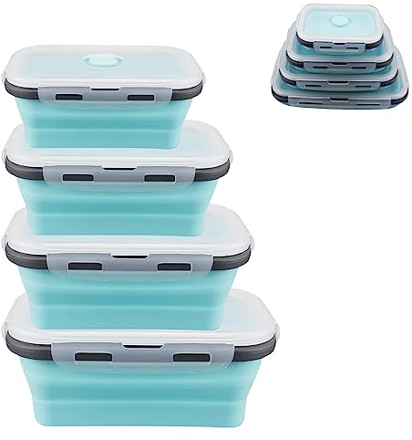 MEGYAD Lot de 4 boîtes de rangement alimentaire pliables avec couvercle anti-fuite - Boîte à sandwich - Pour micro-ondes et congélateur - Sans BPA