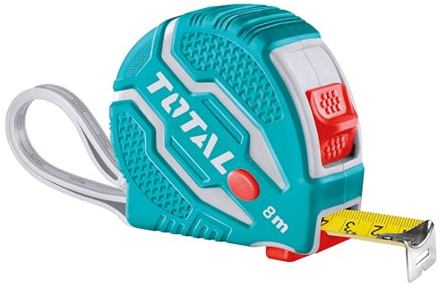 TOTAL - Flexómetro 8 Metros, Medida 8 m x 25 mm, Pulsador función 3 paradas, Con Cordón para colgar en la muñeca, Metro Para Medir en Trabajos de Carpintería o Construcción General