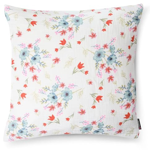 PinkZebra Musselin Kissenbezug 80 x 80 cm für Kinder & Erwachsene, ÖkoTex Zertifiziert, weicher Kopfkissenbezug GOTS-Zertifizierung, Bio-Baumwolle Kissenhülle, Wiesenblumen