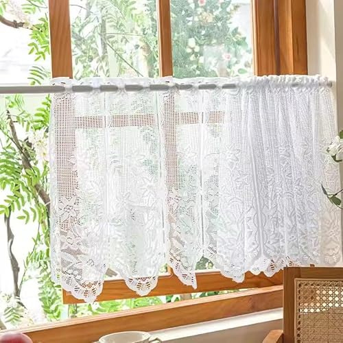 Devola Fönstergardiner, jacquardgardiner, spets, kort, lantlig stil, bistrogardin, blommönster, liten köksgardin, kaffegardiner, kort rullgardin med hållist, H x B 90 x 120 cm, vit, 1 st