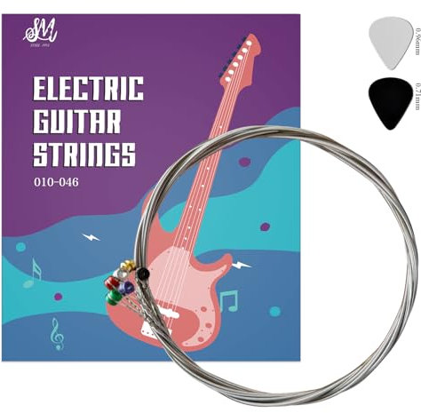 SurpassMusica E-Gitarren-Saiten-Gitarrensaiten E-Gitarre-Erstklassige Nickel-Gitarrensaiten für E-Gitarre (6-Saiten-Set) inkl. 2 Plektren Stärke 10–46