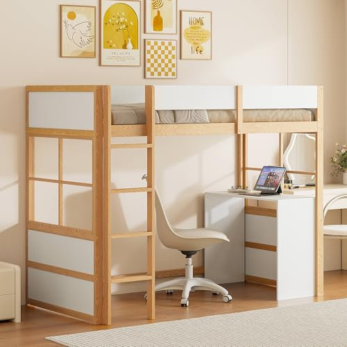 Zenespaoox Hochbett Kinderbett 90x200 cm mit Schreibtisch und Leiter, Einzelbett mit Rausfallschutz und Lattenrost, Bettgestell aus Kiefernholz, für Jugendliche und Kinder, Ohne Matratze, Holzfarbe