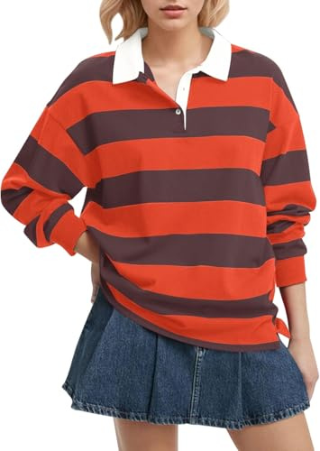 Fenxixione, maglietta polo da donna a maniche lunghe a righe, girocollo oversize, stile Y2K, pullover, T-shirt, casual, ampia, abbigliamento da strada, felpa da rugby, Rosso-A, S