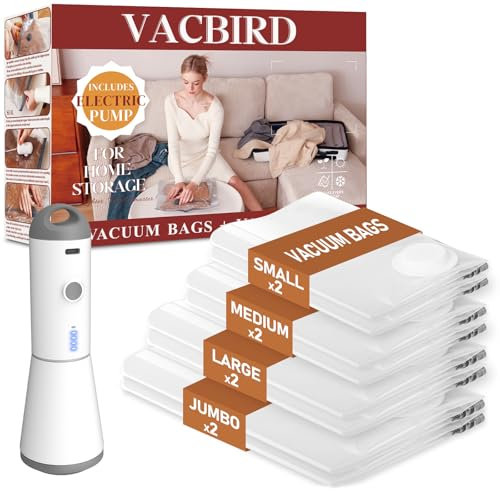 Vacbird Sacchetti Sottovuoto Vestiti con Pompa Sottovuoto Senza Fili, 8 Pezzi (2 Jumbo, 2 Grandi, 2 Medi, 2 Piccoli), Riutilizzabile Buste Sottovuoto Vestiti per Coperte, Piumini, Cuscini, Maglioni