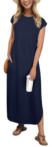 PrinStory Robe longue d'été sans manches pour femme, avec poches, col rond, robe de plage
