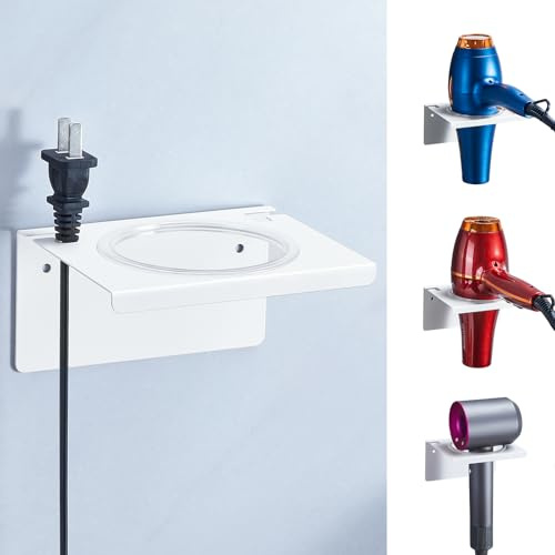 YYBO Soporte Secador de Pelo, Soporte de Secador sin Taladro, Soporte para Secador de Acero Inoxidable, Secador de Pelo Pared Soporte Secador para Baño Dormitorio Hoteles Peluqueria (Blanco)