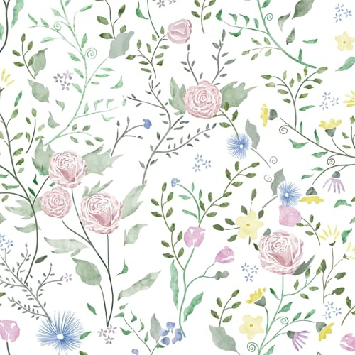 Fiula Self Adhesive Wallpaper 44x300CM Peel and Stick Wallpaper Floral White Pink Vinyl Wrap for Furniture Botanical Contact Paper for Living Room Bedroom Stick on Wall Paper Removable Green Leaf Blue