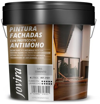 JOVIRA PINTURAS PINTURA FACHADAS ANTIMOHO. Repelente al agua, impermeable y anti fisuras. (4 Litros, Gris Cemento)