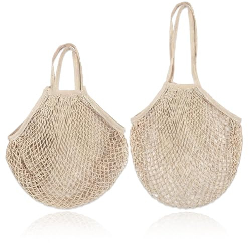 Luxorium 2 pezzi borsa shopping in rete di cotone pieghevole con manico lungo per mercato, frutta, verdura, giochi da spiaggia