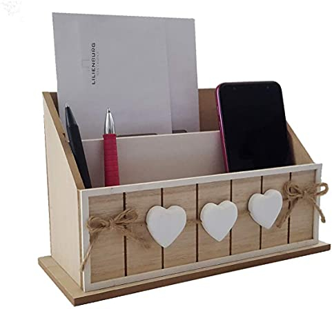 LB H&F Briefablage Papierablage Schreibtisch-Organizer Utensilo Stifteablage Holz Herz 25cm Aufbewahrungsbox Briefe Stifte