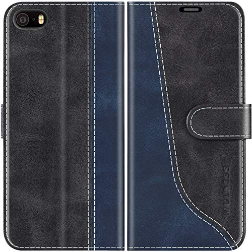 Mulbess für iPhone 5s / 5 / iPhone SE 2016 Hülle, Handyülle Leder mit Kartenfach, Klapphülle mit Magnetverschluss, Flip Case Etui Handytasche Schutzhülle, Stilvoll Schwarz