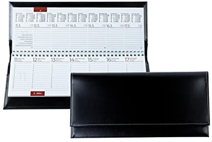 DELMON VARONE - Tischquerkalender 2027 Cambridge Top Grain Leder Schwarz - Tischkalender Quer 1 Woche auf 2 Seiten - Wochenplaner Kalender für Büro, Schreibtisch Wochenkalender Organizer