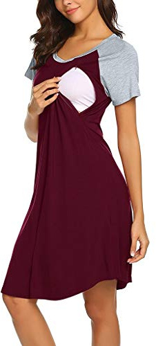 Stillnachthemd Geburtskleid Damen Nachthemd mit Stillfunktion Stillkleid Langarm Umstandsnachthemd Mutterschaft Umstandskleid mit Leiste Geburtshemd Nachthemd für Schwanger (Kam, M)