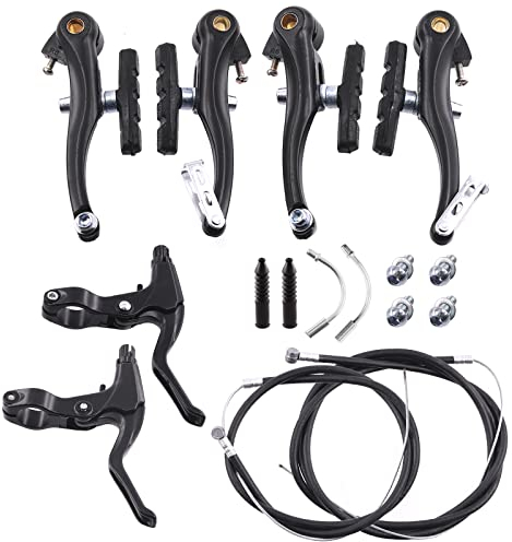 Swpeet Set completo di freni per bici da 16 pezzi, include pinze, leve, cavi, cavo freno universale anteriore e posteriore per bici, freno per bici a V, manubri freno in lega di alluminio nero per la