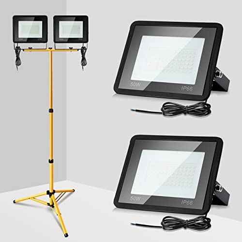 Ikodm Foco LED con trípode, Iluminacion LED, 2 focos de 50 W, luz blanca fría, 6000 K, 4250 lm, IP66, resistente al agua, para construcción de taller, con cable de 1 m, sin enchufe