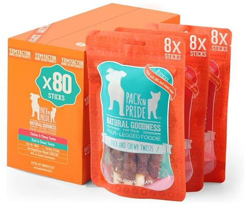 PACK'N PRIDE Dog Treats, 10 Pack*90g (900g) Dog Chews, Chewy Twists with Chicken&Duck, Low Fat Natural Treats for Small&Medium Dogs