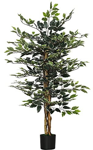 HOMCOM Ficus Artificial con Troncos 130 cm Planta Artificial con Macetas y 702 Hojas Realistas para Decoración del Hogar Salón Dormitorio Ø15x130 cm Verde