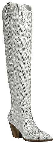 ABSOLEX Women Western Cowgirl Cowboy Pointed Toe Rhinestone Mid-Calf Over the Knee Boots, White, 5 UK