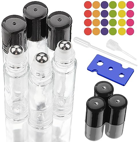 DKBT Roller Bottles for Essential Oils 6Pcs 5ml with Stainless Steel Balls | Transparent Glass Empty Roller Ball Bottle Refillable Leak‑proof Small Dropper Bottle for Perfumes Aromatherapy Massage Use