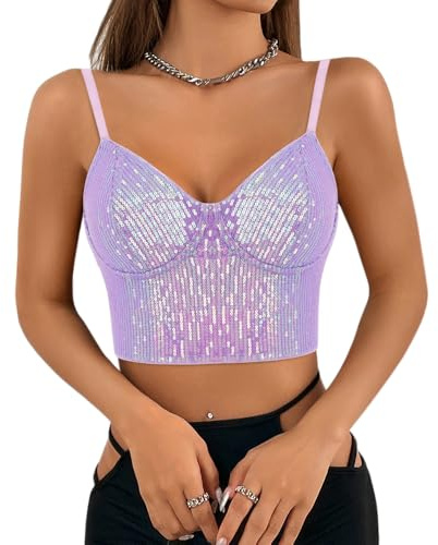 Segreto damer glitter paljetter linne ärmlös spagettiremmar sexig crop top axelbandstopp festival party klubb camisole, Lila paljetter, S