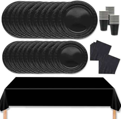MORAINJAY 69 Stück Partygeschirr Set,Schwarz Papiergeschirr Set,Geburtstag Party Geschirr Set mit Tischdecke Pappteller Servietten Becher,für Hochzeiten,Weihnachten Geburtstagsparty Deko-16 Gäste