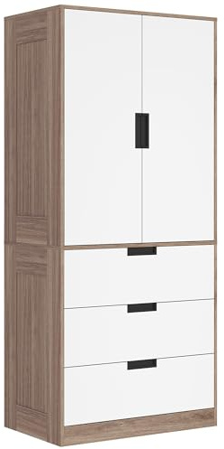 HOMCOM Armoire Chambre penderie avec 2 Portes à Fermeture Douce, 3 tiroirs et Barre de Suspension, Armoire à vêtements, Dressing, Style Moderne, pour Chambre à Coucher, 80x50x180cm, Marron et Blanc