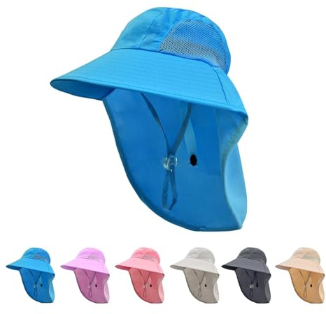 Rosoz Kids Sun Hat with Neck Flap UV Protection Summer Toddler Beach Hat Unisex Ponytail Hat Wide Brim Fishing Hat-Blue
