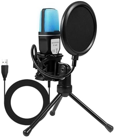 Jectse Microphone de Jeu à Condensateur USB, Microphone Filaire sans Fil à 2 Modes avec Lumière RVB, Micro de Bureau pour Ordinateur PC avec Trépied pour Streaming Podcast Studio