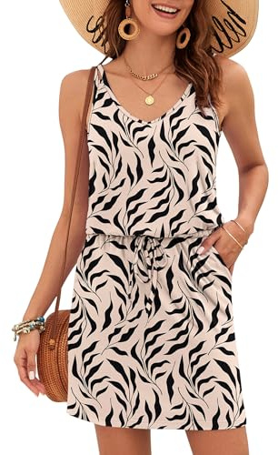 AUSELILY Women's Summer Dress Casual Sleeveless Sundress Beach Swing Drawstring Waist Dress with Pockets Apricot Black Leaf 2XL
