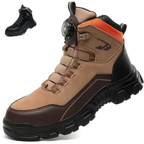 COOU Chaussures de Sécurité Hommes Montante Imperméable Femmes Bottines de Sécurité Confortable Antidérapante Chaussures de Travail Lacet à Bouton Pivotant Kaki 38