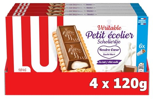 Lu Petit Écolier - Tendre Cœur Chocolat au Lait et Lait - 4x120g | 4 Boîtes de 120g | Petit beurre avec chocolat au lait fondant et cœur au lait onctueux | Idéal pour le goûter