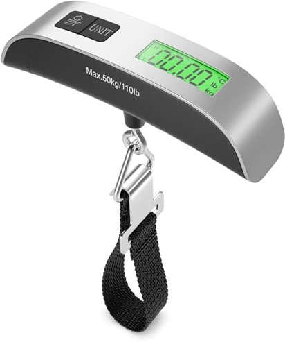deleyCON Digitale Kofferwaage Gepäckwaage mit Display (bis 50kg, Inkl. Batterie) Tragbare Waage mit Haken für Reisen Koffer Küche Angeln Hängewaage Fischwaage mit TARA Funktion Silber/Schwarz