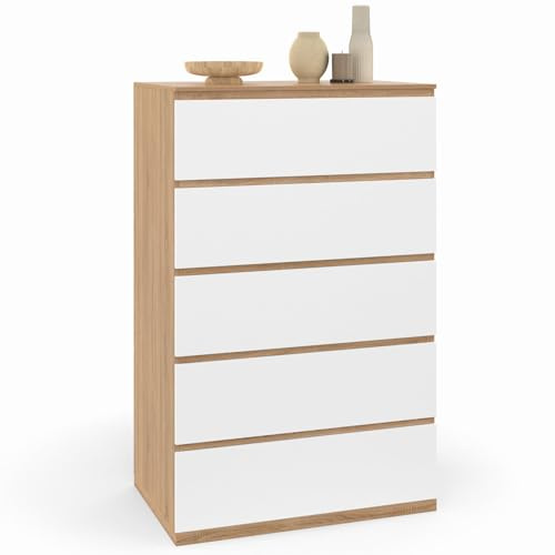 IDMarket TOMI - Chifón de 5 cajones (60 cm, cómoda semanal, madera y haya, color blanco