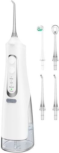 Leistungsstarke Munddusche Elektrischer Zahnreiniger 4 Modi & 4 Düsen Kabellose Munddusche IPX7 Wasserdicht Wasser Flosser 310ML Abnehmbarer Wassertank für Ten Heim- und Reisegebrauch (Weiß)